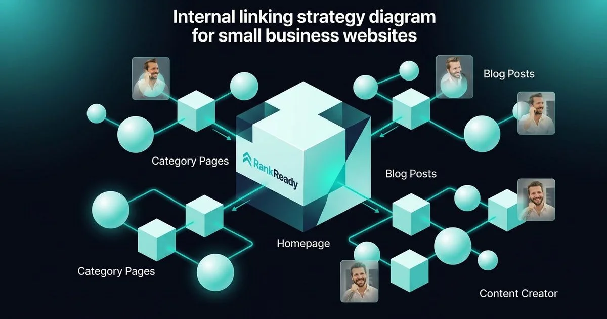 Diagram showing internal linking structure for a small business website with service pages and blog posts connected by directional arrows