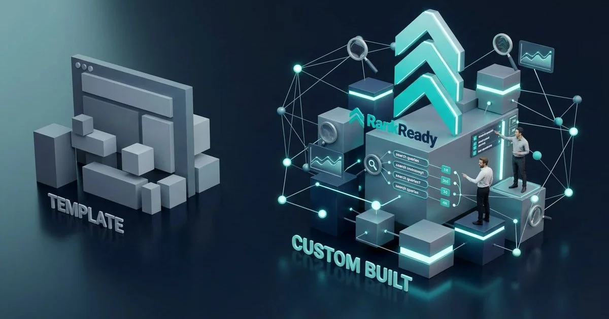 Split screen comparing a Squarespace template site with a custom-built SEO website for small business