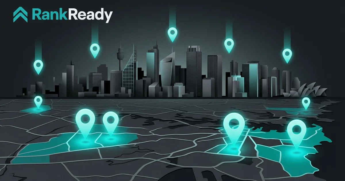 Sydney map highlighting multiple suburbs with overlaid search ranking indicators for local SEO strategy